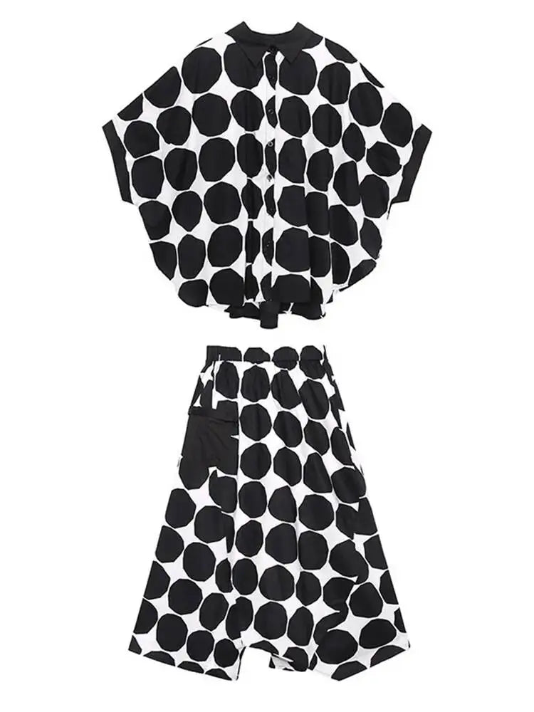 EAM Women's Big Size Dot Shirt and Wide Leg Pants Two-Piece Suit