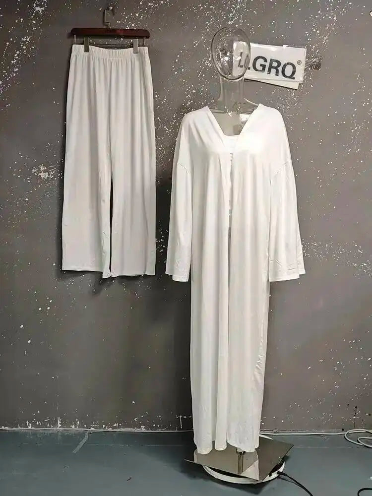 LGRQ Women's 3-Piece Set: Strapless Vest, Long Cardigan and Wide-Leg Pants