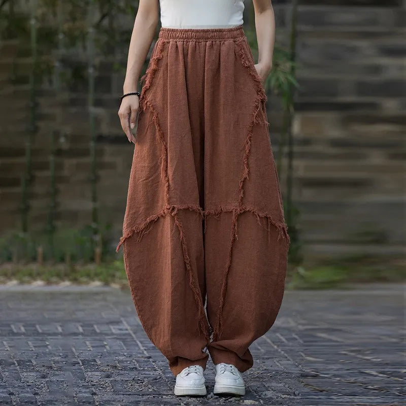 Johnature Women Vintage Ramie Bloomers Pants Elastic Waist Solid Color Trousers 2025 Summer New Patchwork Long Pants