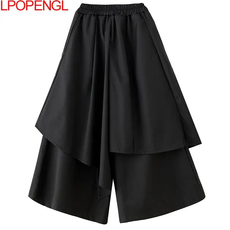 Solid Color Gothic Wide-leg Pants Women's 2026 Spring And Summer New Asymmetrical Hakama All-match Oversized Nine-point Pants