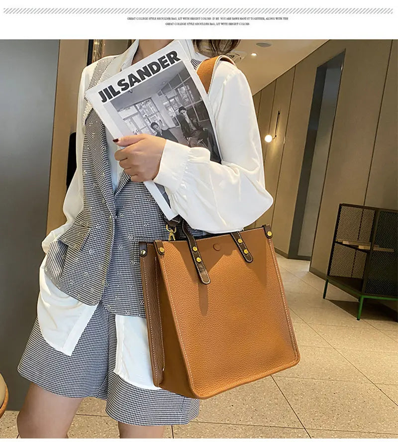 Large Capacity Genuine Cowhide Leather Rectangle Shoulder Bag