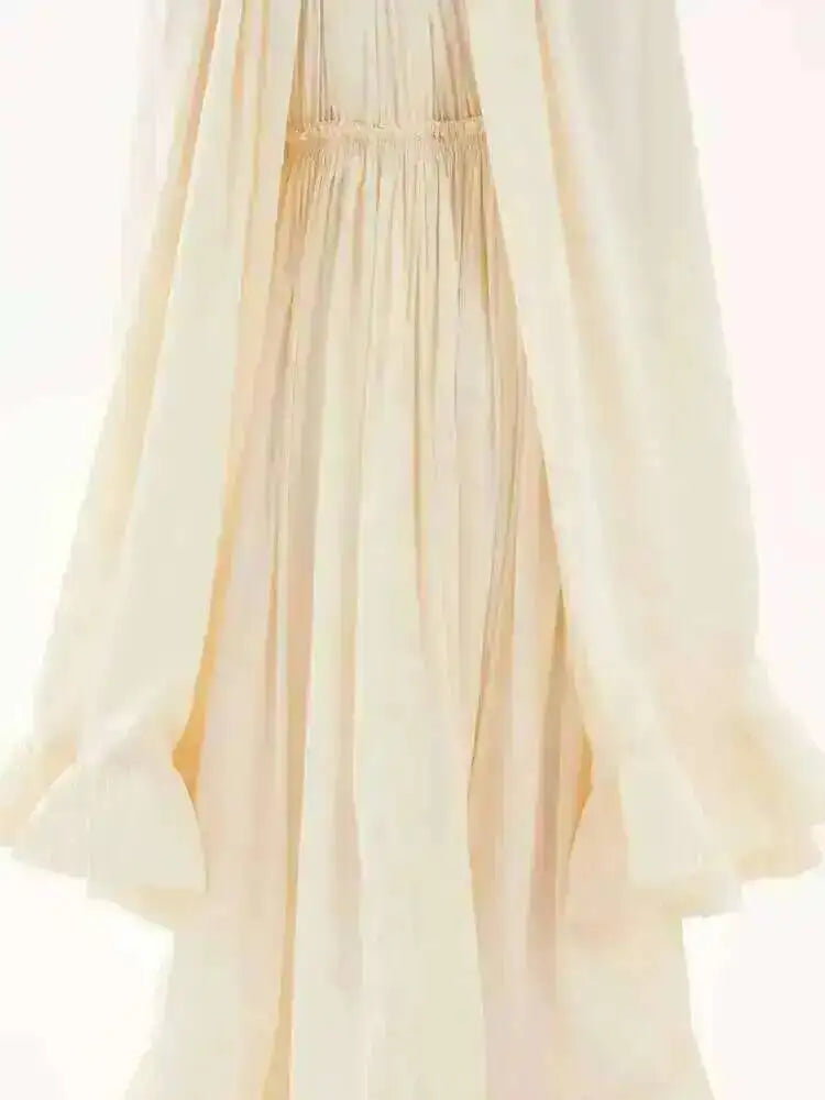 LGRQ Women's Irregular Ruffle Dress with Cloak Sleeves and Lace Splicing