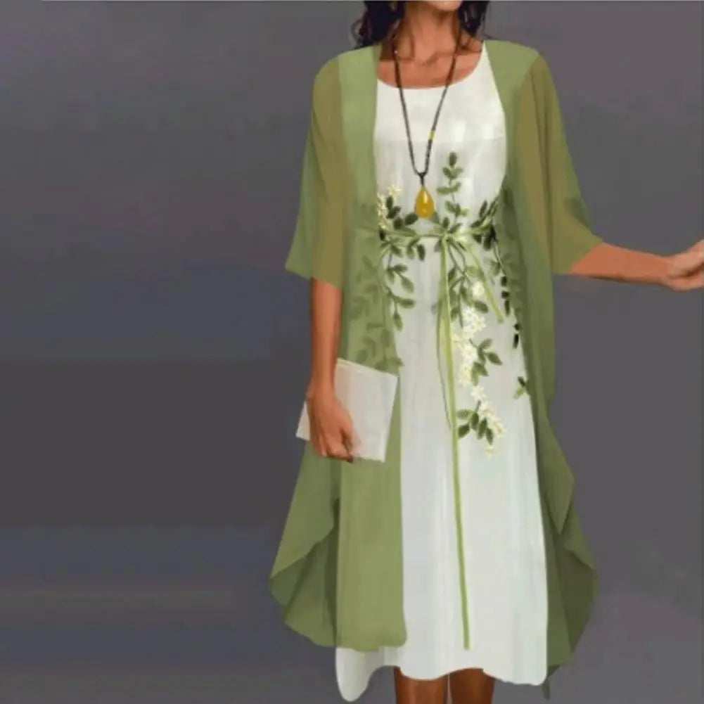2pcs/Set Spring Summer Dress Women Formal Loose Cardigan Floral Print Large Hem Elegant Chiffon Dress Set Party