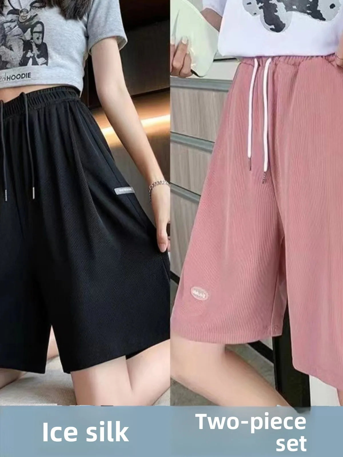 High Waist Ice Silk Sports orts Women's 2024 New Summer Loose Casual Wide Leg Pants Five-Quarter Length Korean Sle