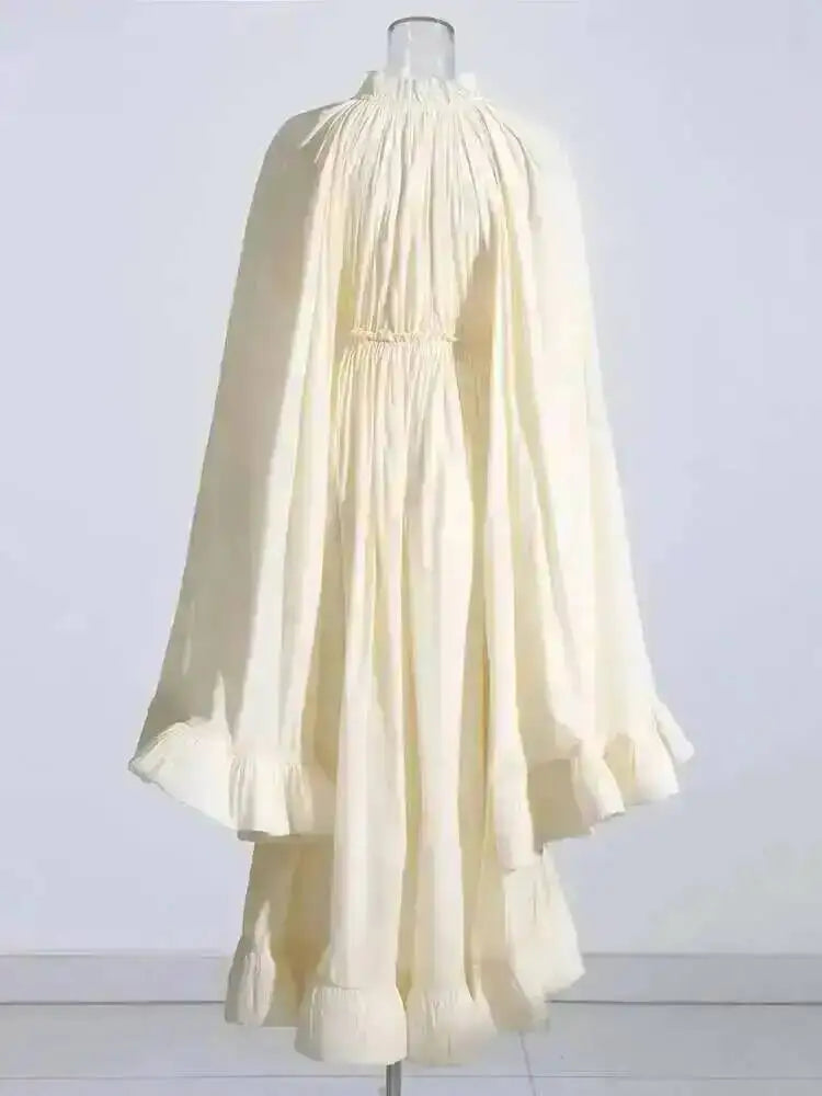 LGRQ Women's Irregular Ruffle Dress with Cloak Sleeves and Lace Splicing