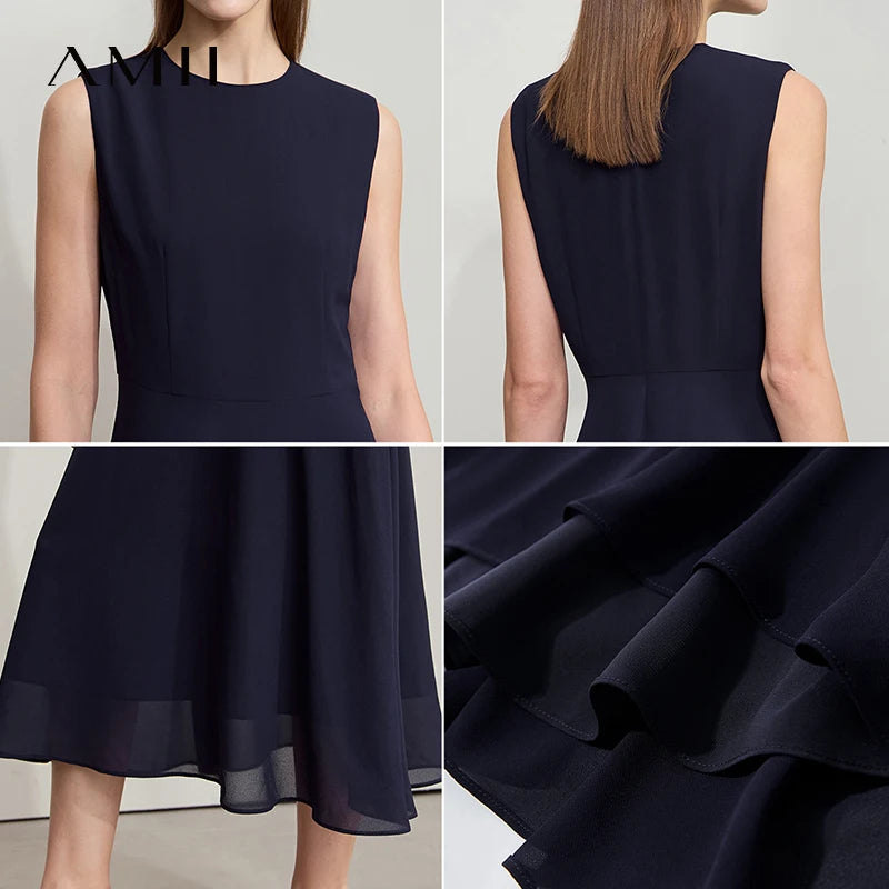 Amii Minimalist Sleeveless O-Neck Slim Midi Dress