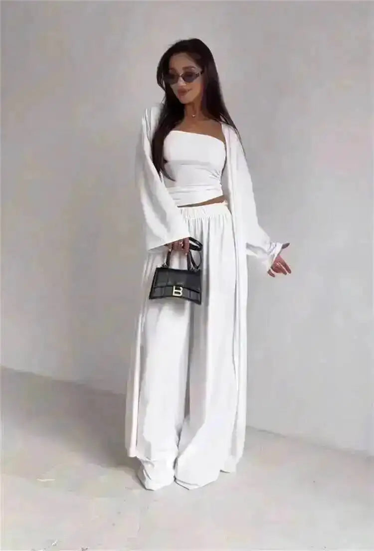 LGRQ Women's 3-Piece Set: Strapless Vest, Long Cardigan and Wide-Leg Pants