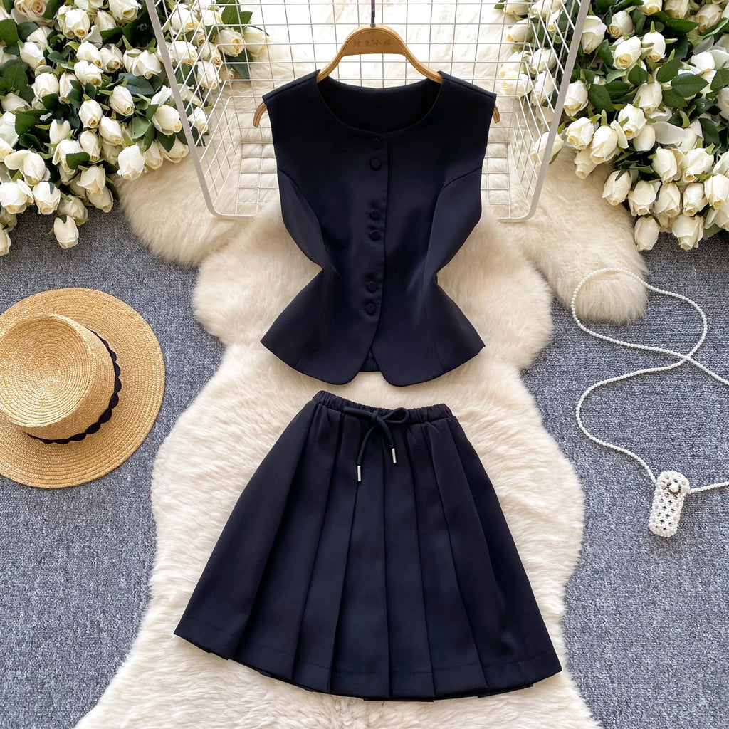 SINGREINY Women's Two-Piece Single Breasted Blouse and Pleated Mini Skirt Set