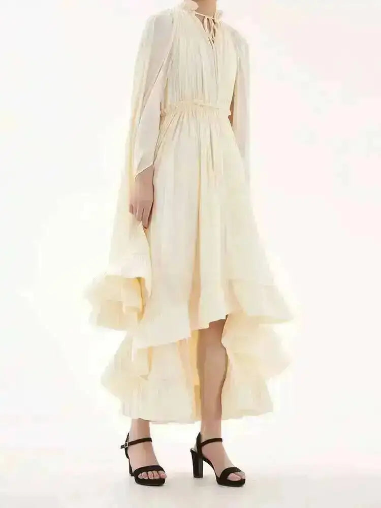 LGRQ Women's Irregular Ruffle Dress with Cloak Sleeves and Lace Splicing