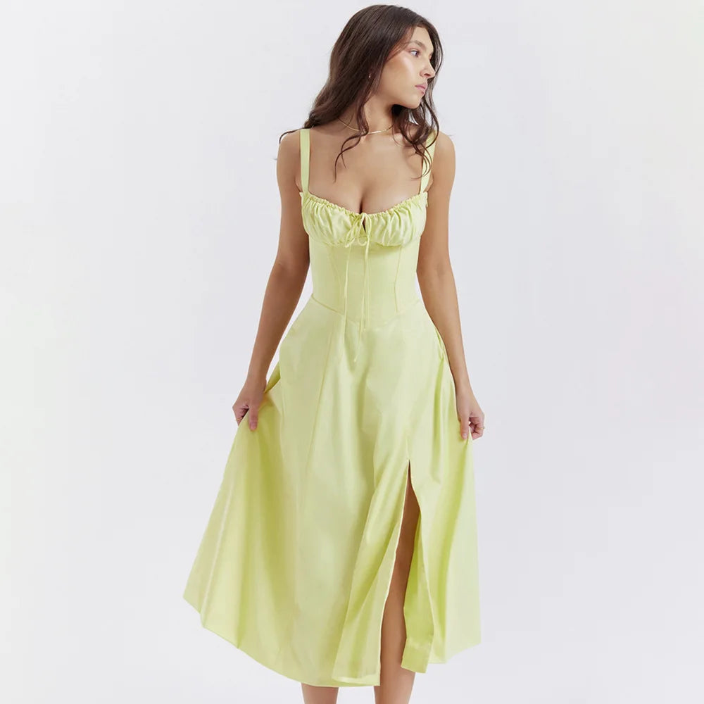 Mingmingxi Floral Midi Dress – Women's Lace-Up Spaghetti Strap