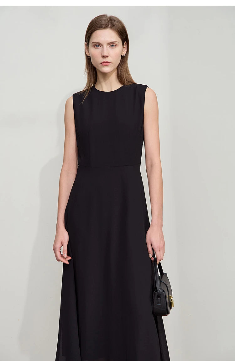 Amii Minimalist Sleeveless O-Neck Slim Midi Dress