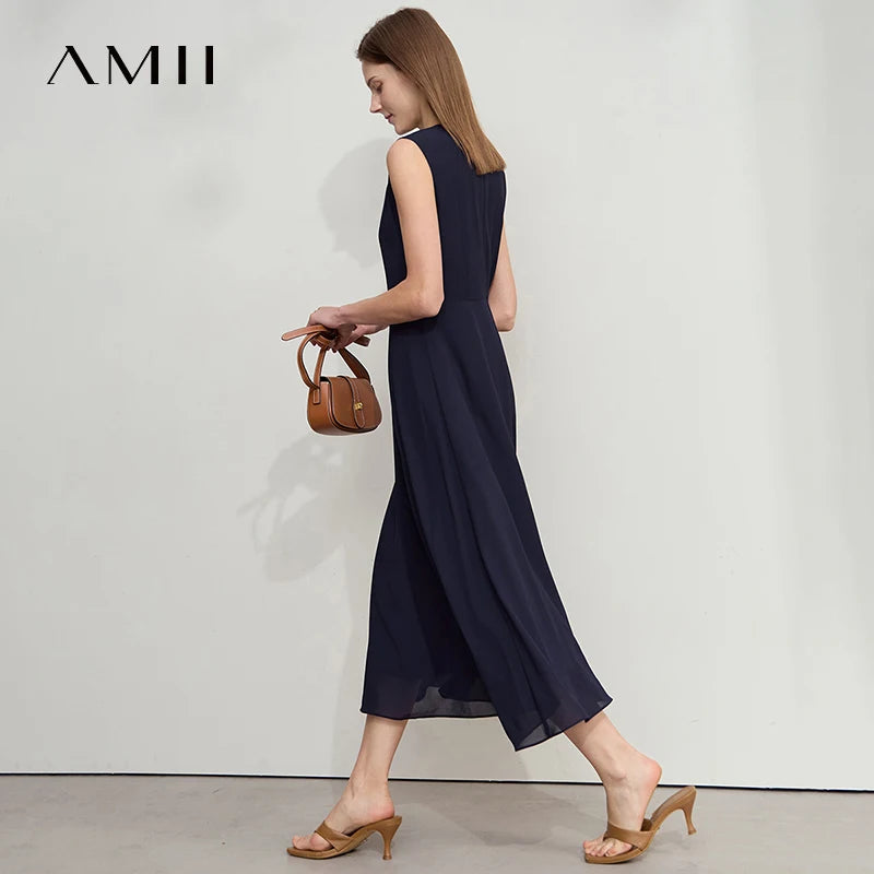Amii Minimalist Sleeveless O-Neck Slim Midi Dress