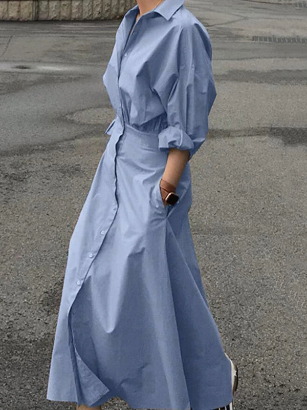 Modigirl Women Summer Long Dresses 2025 Spring Fall Clothes Blue Puff Sleeves Botton Simple Casual Maxi Shirts Dresses for Women