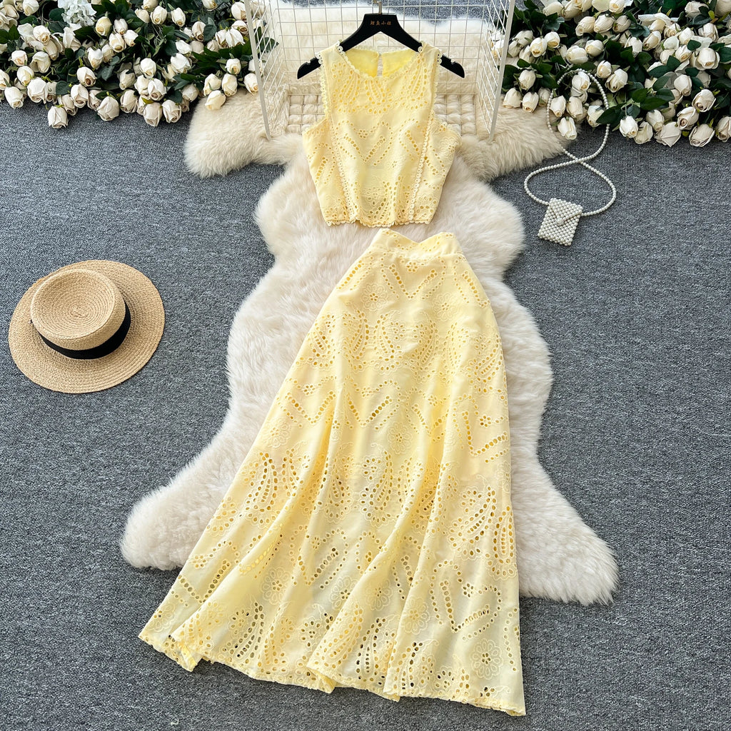 SINGREINY Women's Vintage Hook Flower Hollow Top and Long Skirt Set
