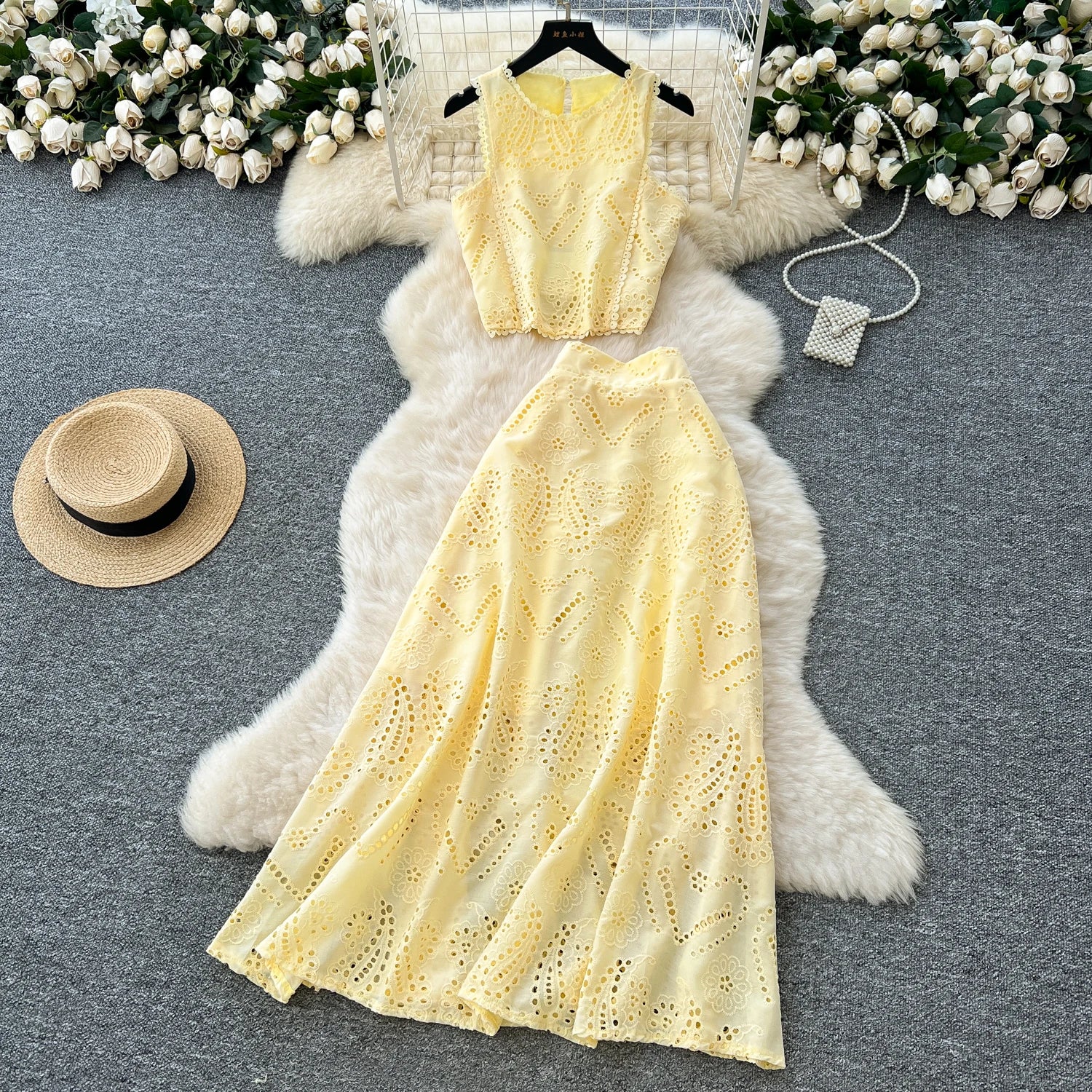 SINGREINY Women's Vintage Hook Flower Hollow Top and Long Skirt Set