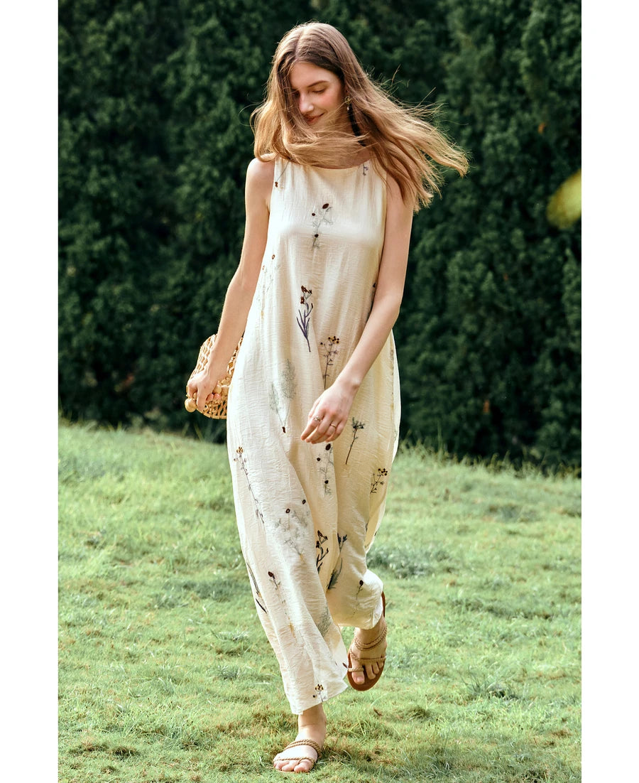 OLrain Women's Sleeveless Slash Neck Floral A-Line Maxi Dress