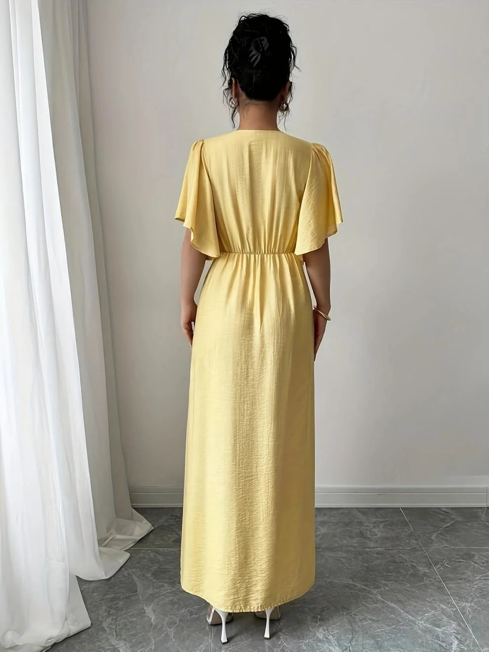 Women's Short Sleeve V-Neck Single Breasted Split Midi Dress