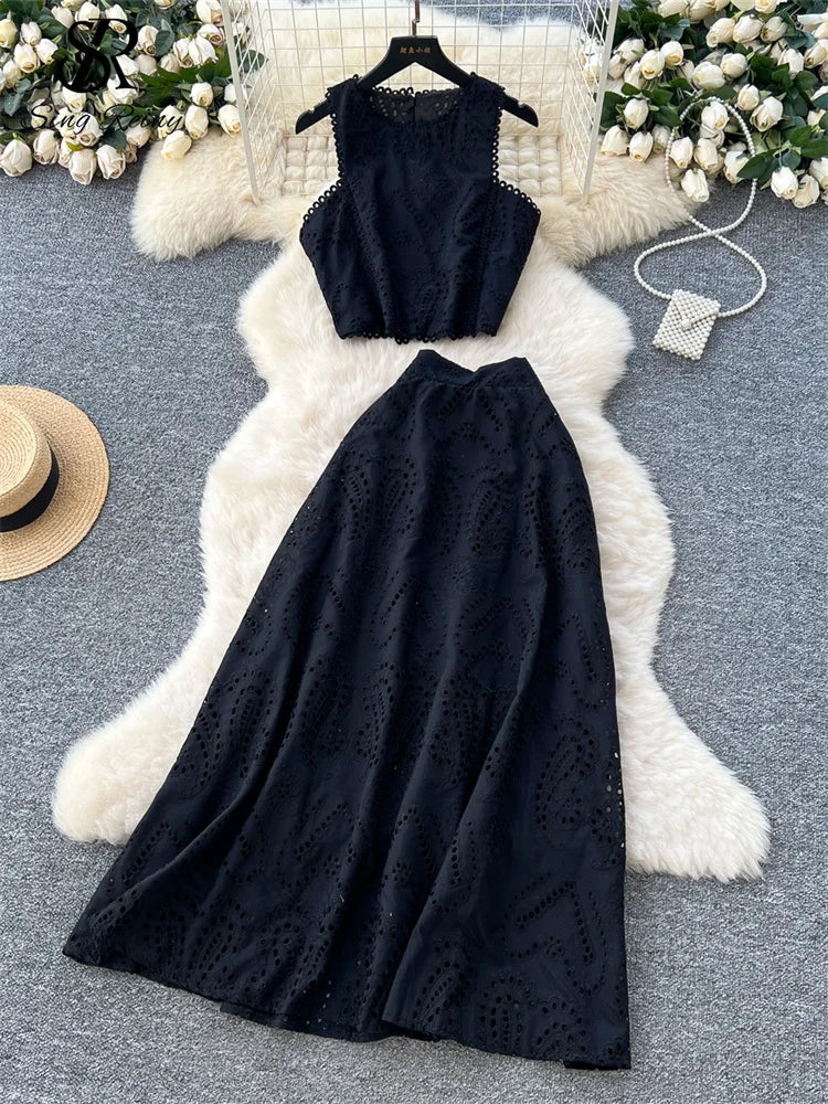 SINGREINY Women's Vintage Hook Flower Hollow Top and Long Skirt Set
