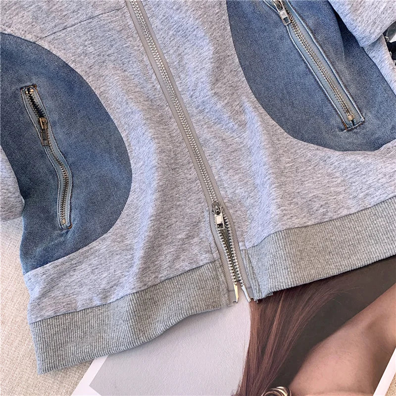 Women's Two-Piece Set: Stitched Zipper T-Shirt and Jeans