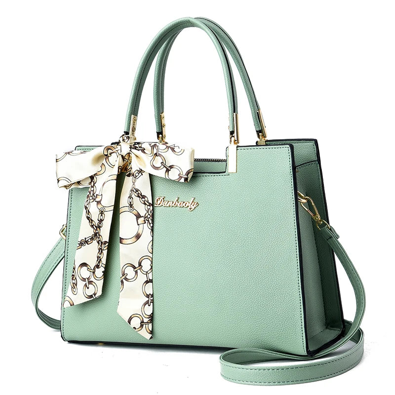 Women's Small Square Shoulder Bag with Silk Scarf Pendant