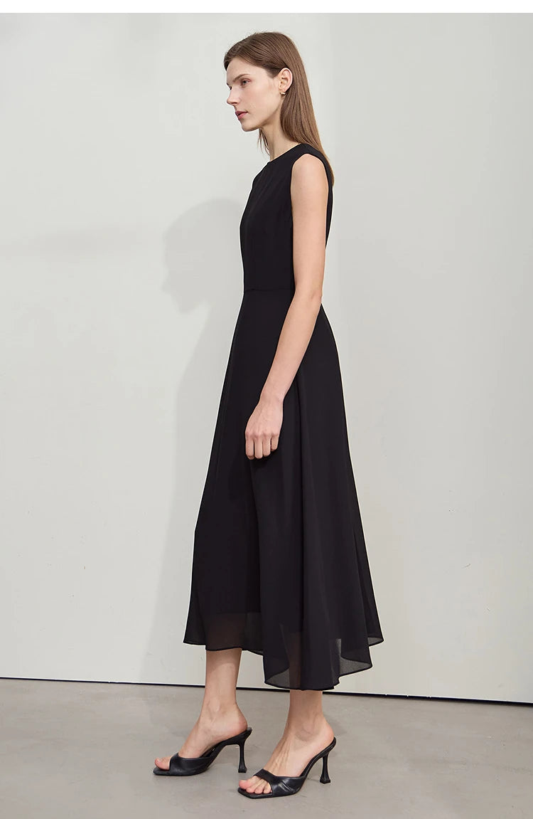 Amii Minimalist Sleeveless O-Neck Slim Midi Dress