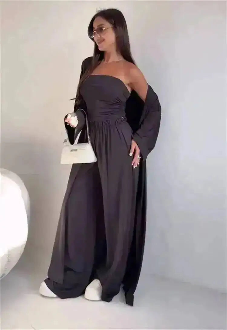 LGRQ Women's 3-Piece Set: Strapless Vest, Long Cardigan and Wide-Leg Pants