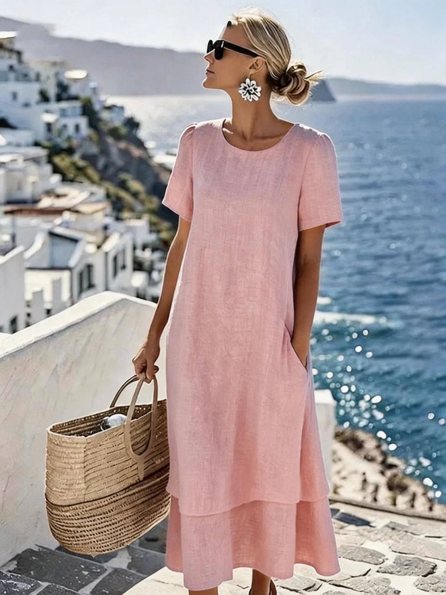 Women's Casual Loose Solid Color A-Line Midi Dress