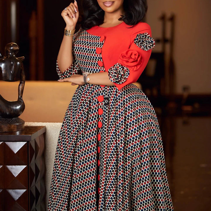 Women's 3D Floral Plaid A-Line Dress – Elegant Occasion Style