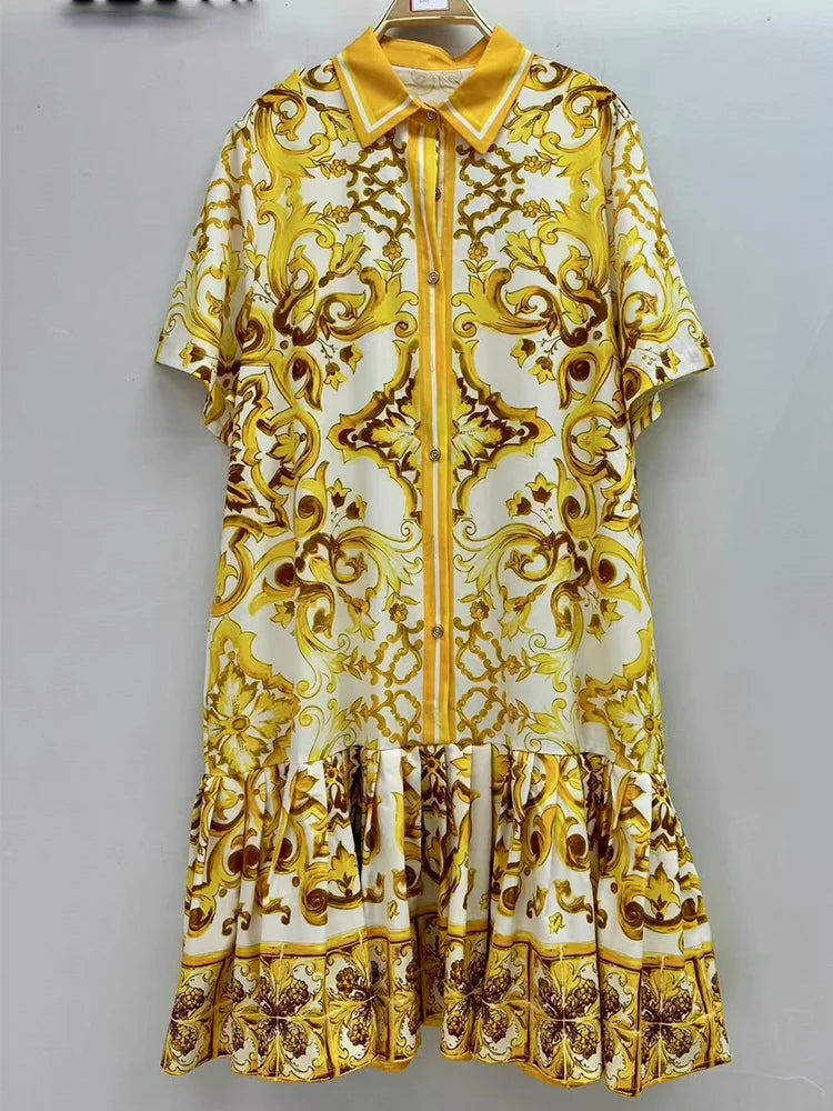 2026 Summer Women's New Fashion Geometric Print Lapel Short Sleeve Loose Dress Stitching Pleated Hem Temperament Straight Skirt.
