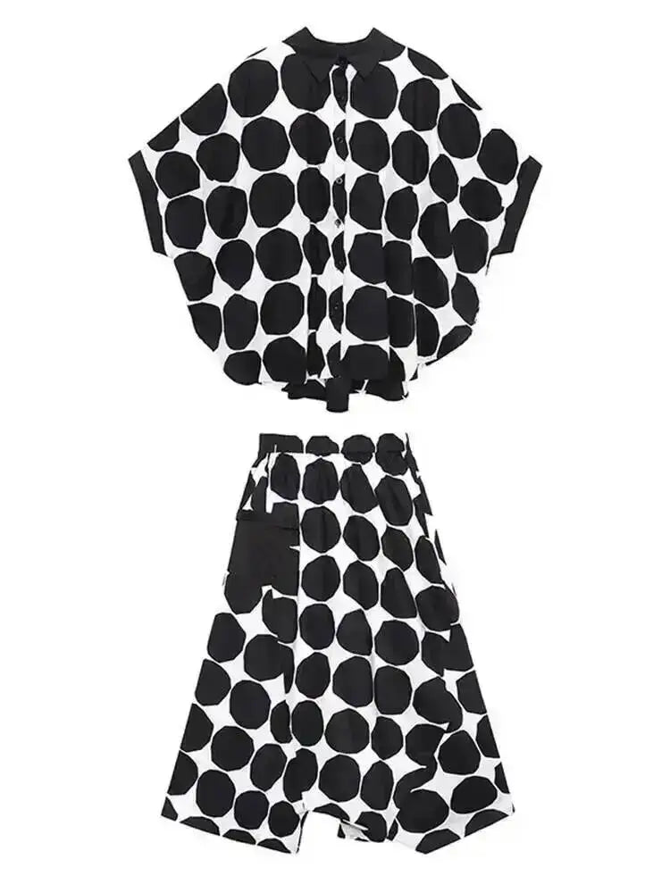 EAM Women's Big Size Dot Shirt and Wide Leg Pants Two-Piece Suit