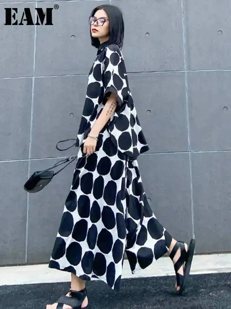 EAM Women's Big Size Dot Shirt and Wide Leg Pants Two-Piece Suit