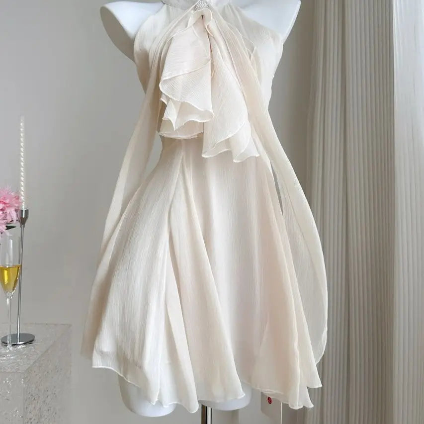 2025 New French Style Halter Neck Sleeveless Women Dress Sexy Spaghetti Strap Irregular Hem Rhinestone Mini Summer Party Dresse