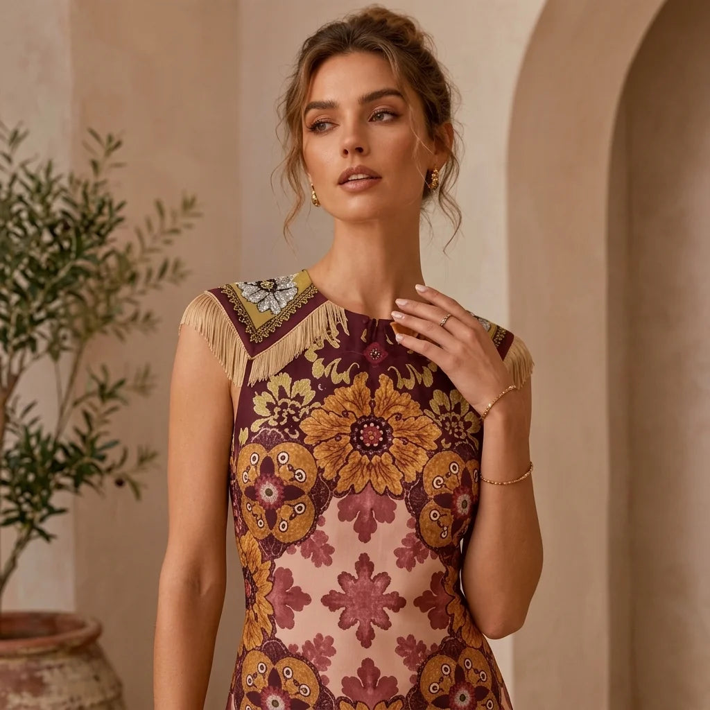Vintage Bohemian Scarf Print Sleeveless Midi Dress with Fringe Hem