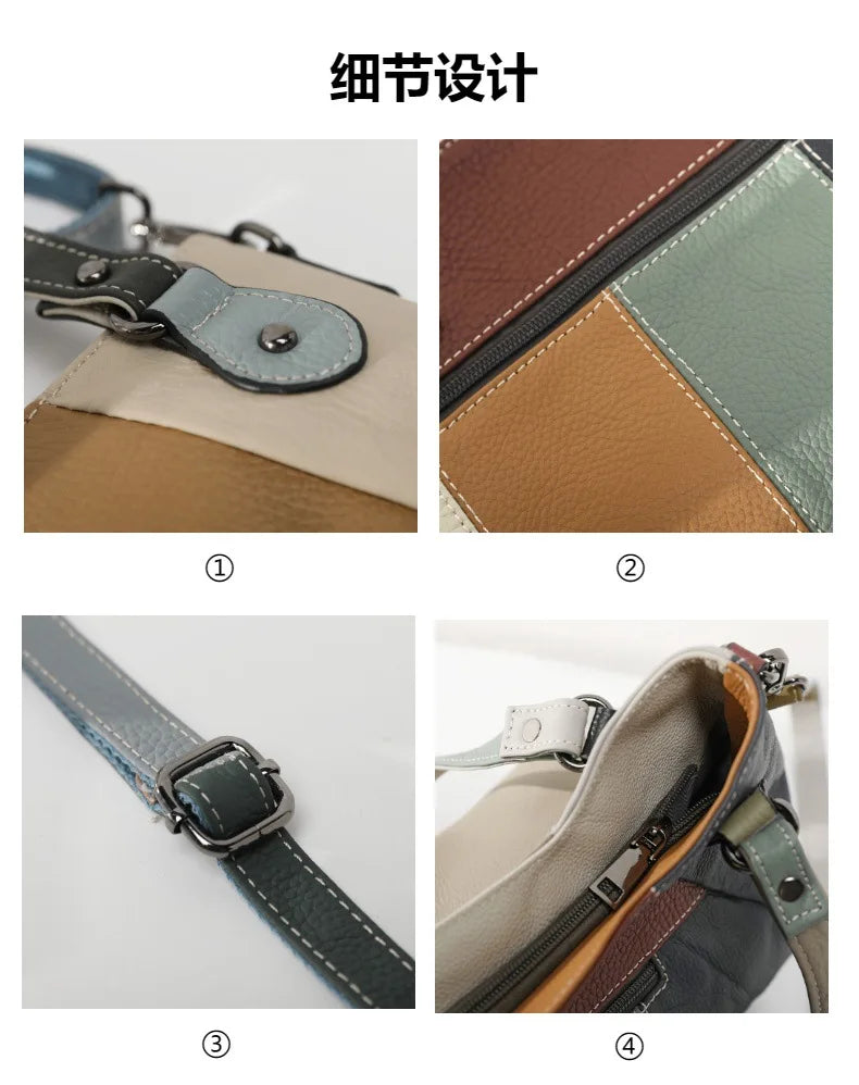 Handcrafted Retro Spliced Cowhide Leather Crossbody and Underarm Bag