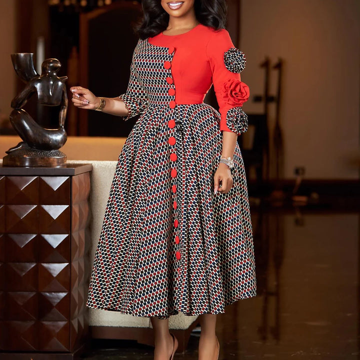Women's 3D Floral Plaid A-Line Dress – Elegant Occasion Style