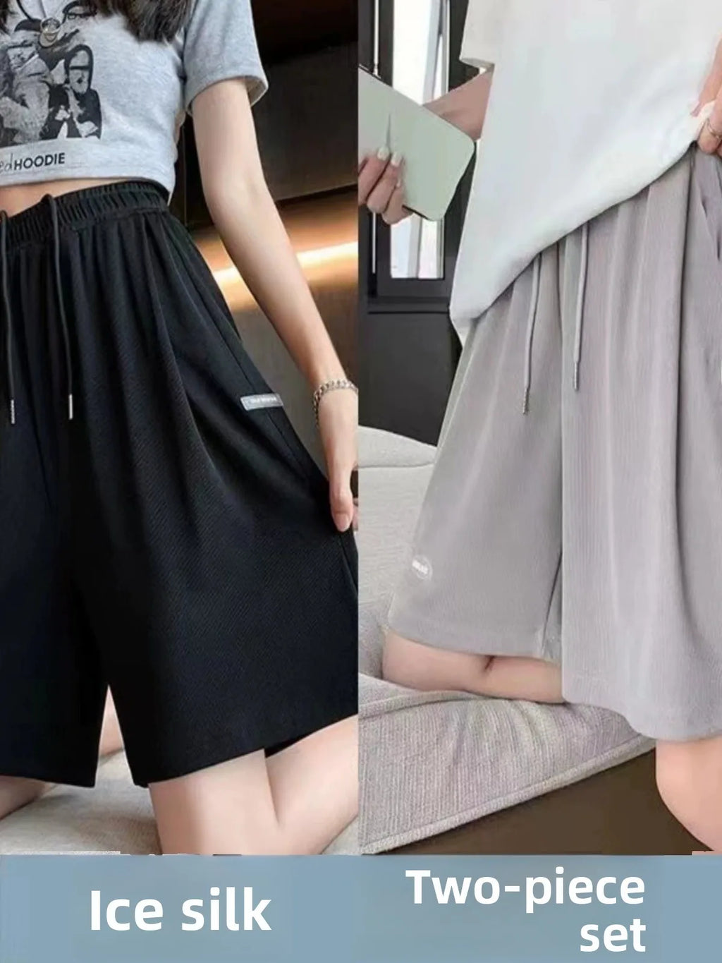 High Waist Ice Silk Sports orts Women's 2024 New Summer Loose Casual Wide Leg Pants Five-Quarter Length Korean Sle