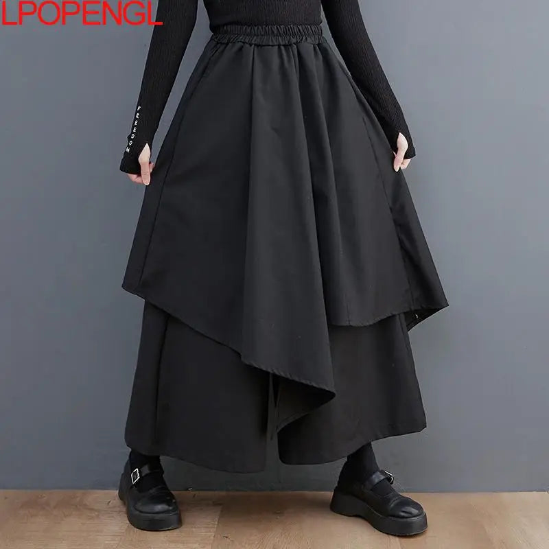 Solid Color Gothic Wide-leg Pants Women's 2026 Spring And Summer New Asymmetrical Hakama All-match Oversized Nine-point Pants