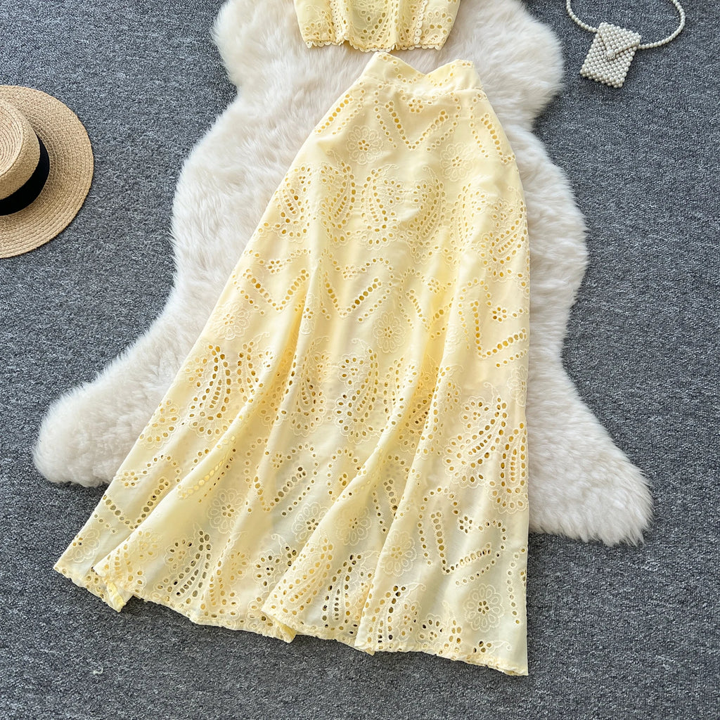 SINGREINY Women's Vintage Hook Flower Hollow Top and Long Skirt Set