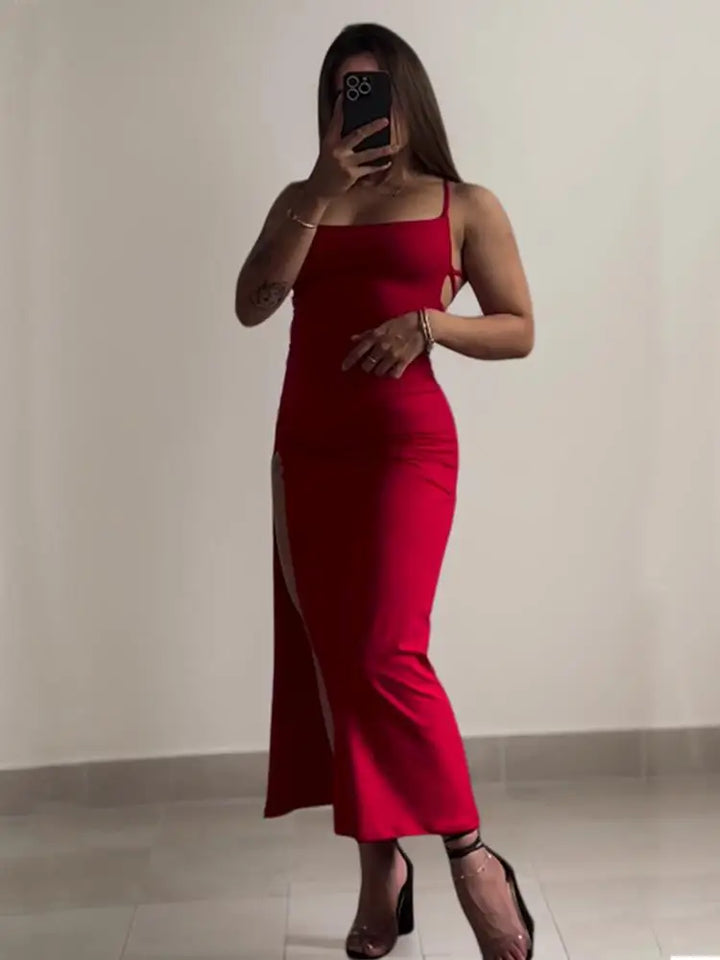 Women's Red & Black Halter Bodycon Midi Dress