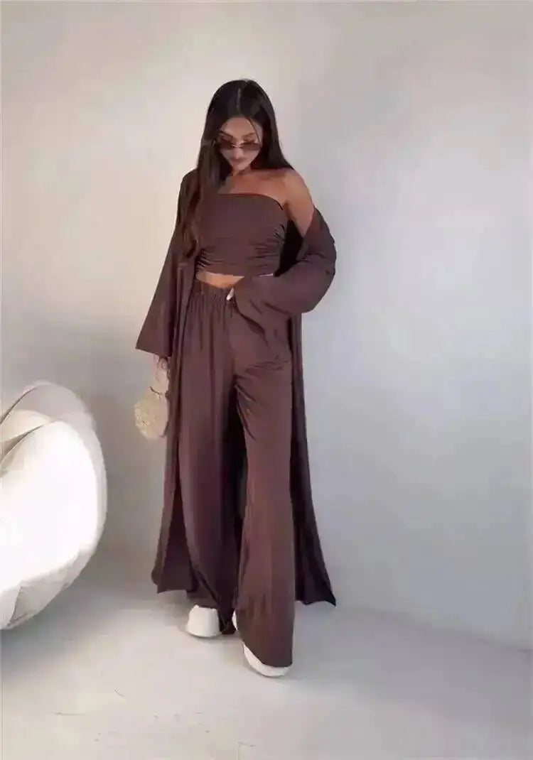 LGRQ Women's 3-Piece Set: Strapless Vest, Long Cardigan and Wide-Leg Pants