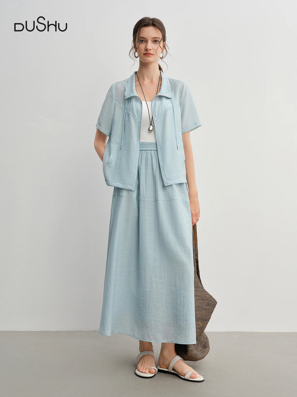 DUSHU Textured Set: Tie Collar Zip Top and Flowy Skirt