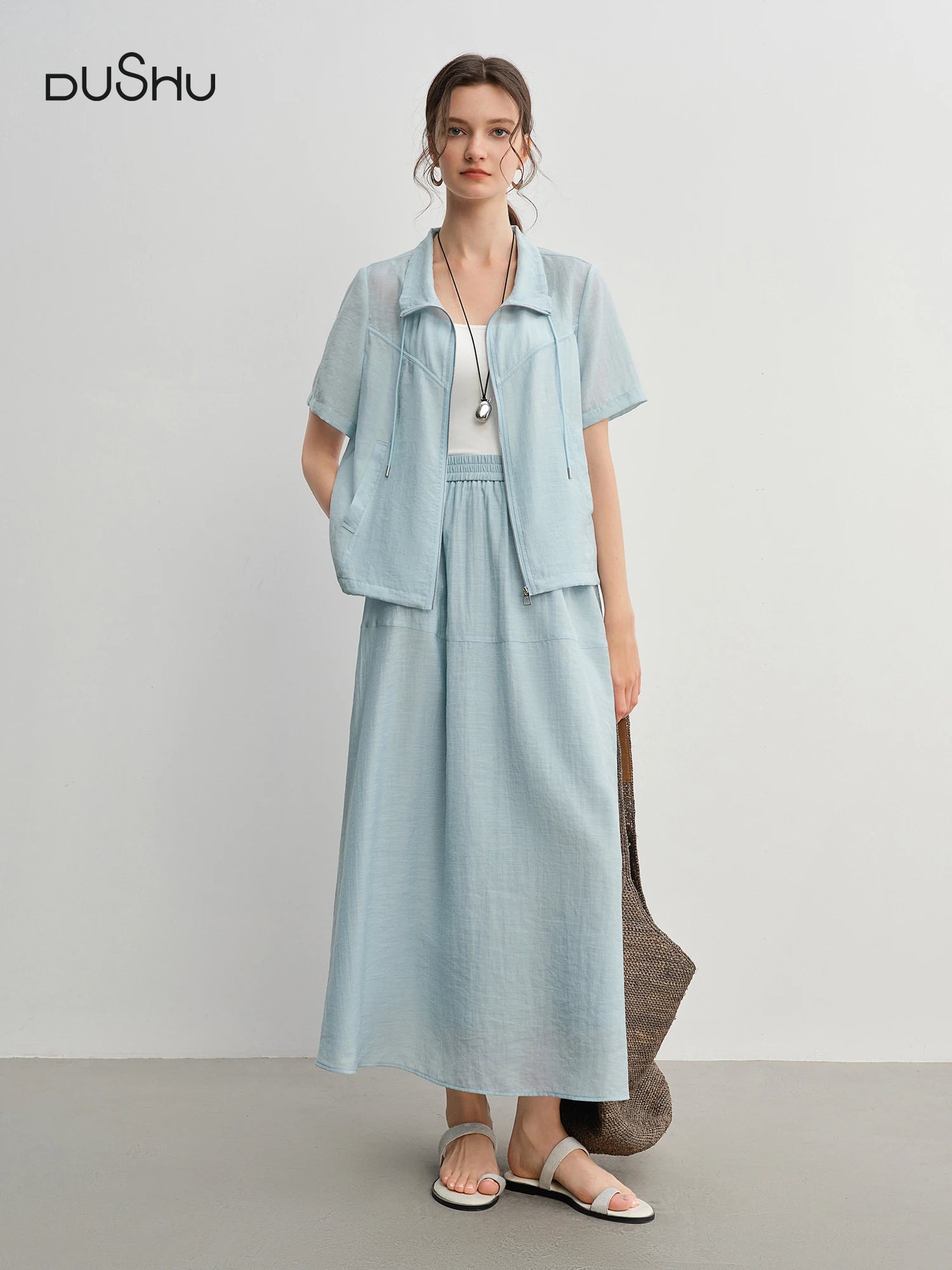 DUSHU Textured Set: Tie Collar Zip Top and Flowy Skirt