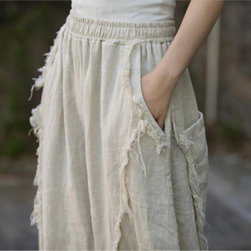 Johnature Women Vintage Ramie Bloomers Pants Elastic Waist Solid Color Trousers 2025 Summer New Patchwork Long Pants