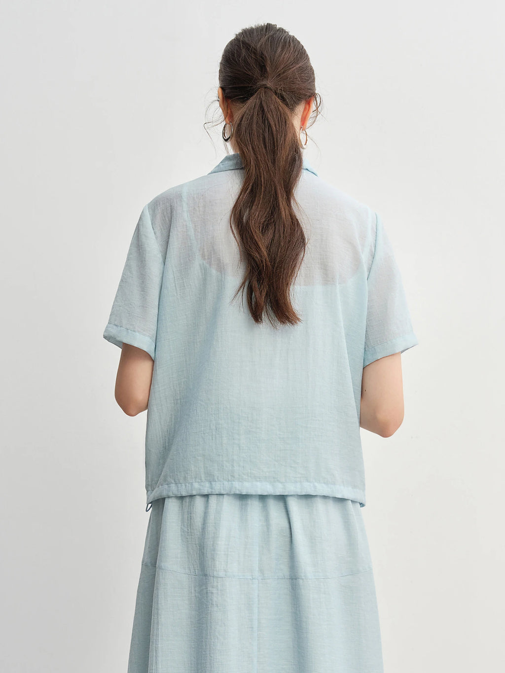 DUSHU Textured Set: Tie Collar Zip Top and Flowy Skirt