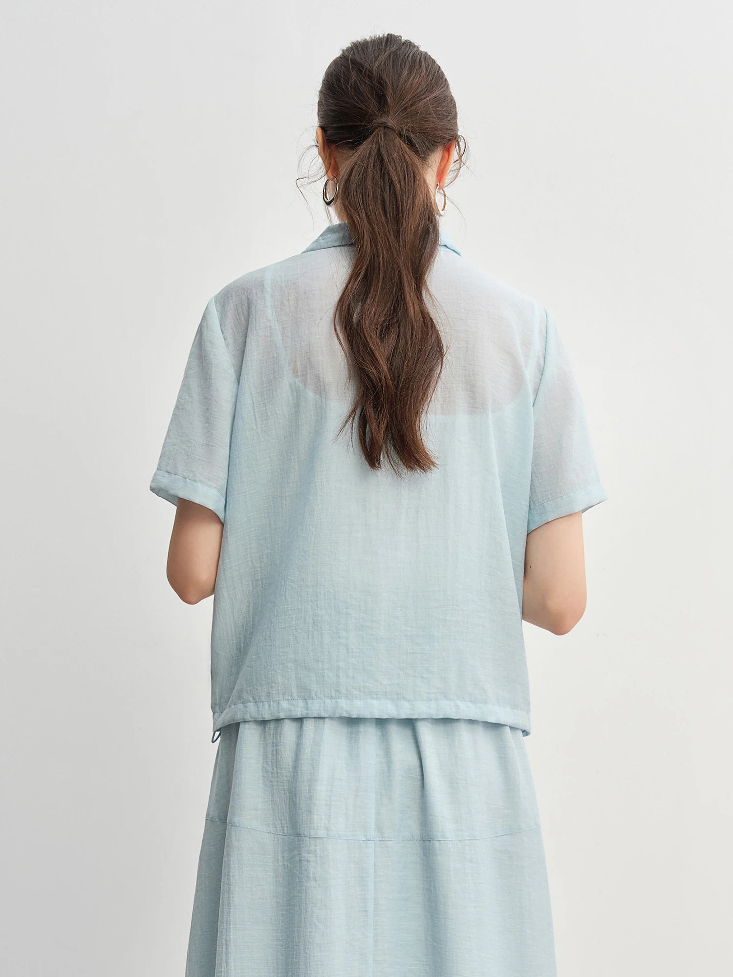 DUSHU Textured Set: Tie Collar Zip Top and Flowy Skirt