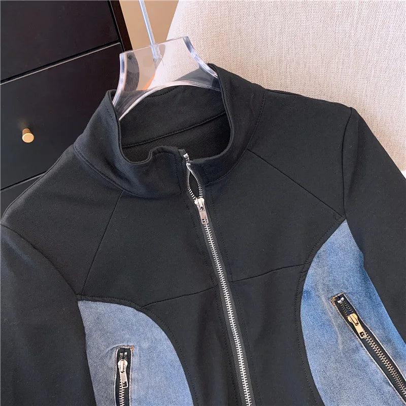 Women's Two-Piece Set: Stitched Zipper T-Shirt and Jeans