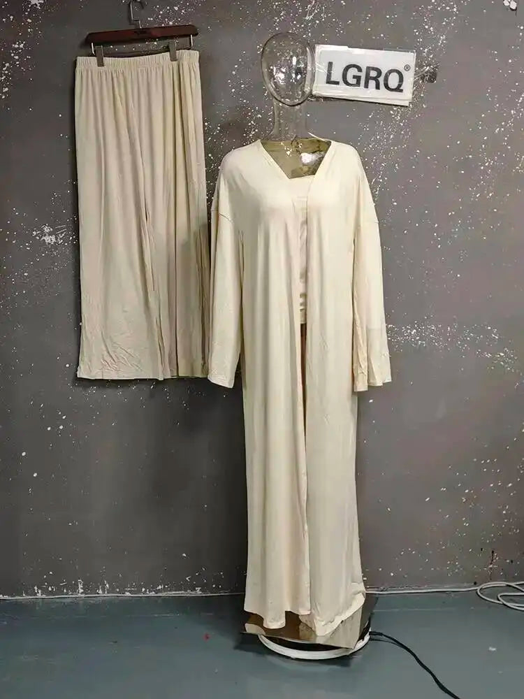 LGRQ Women's 3-Piece Set: Strapless Vest, Long Cardigan and Wide-Leg Pants
