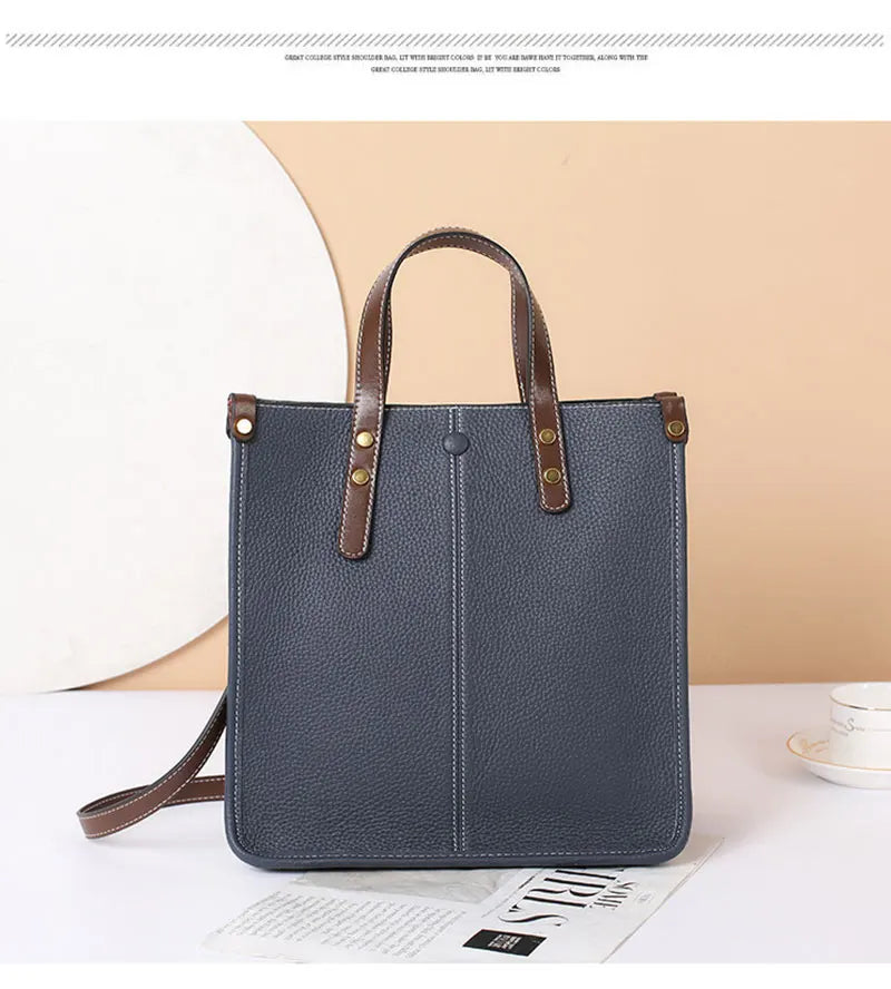 Large Capacity Genuine Cowhide Leather Rectangle Shoulder Bag