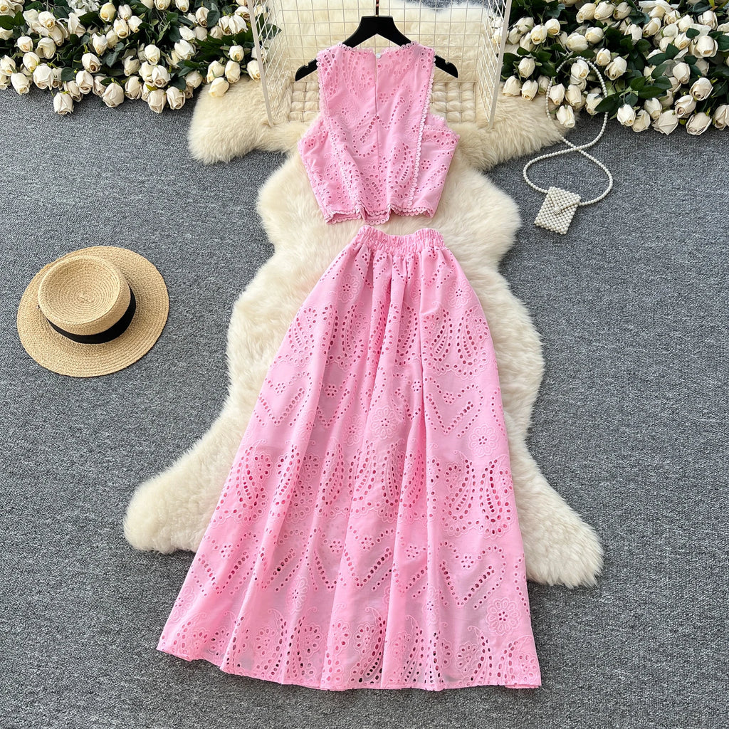 SINGREINY Women's Vintage Hook Flower Hollow Top and Long Skirt Set