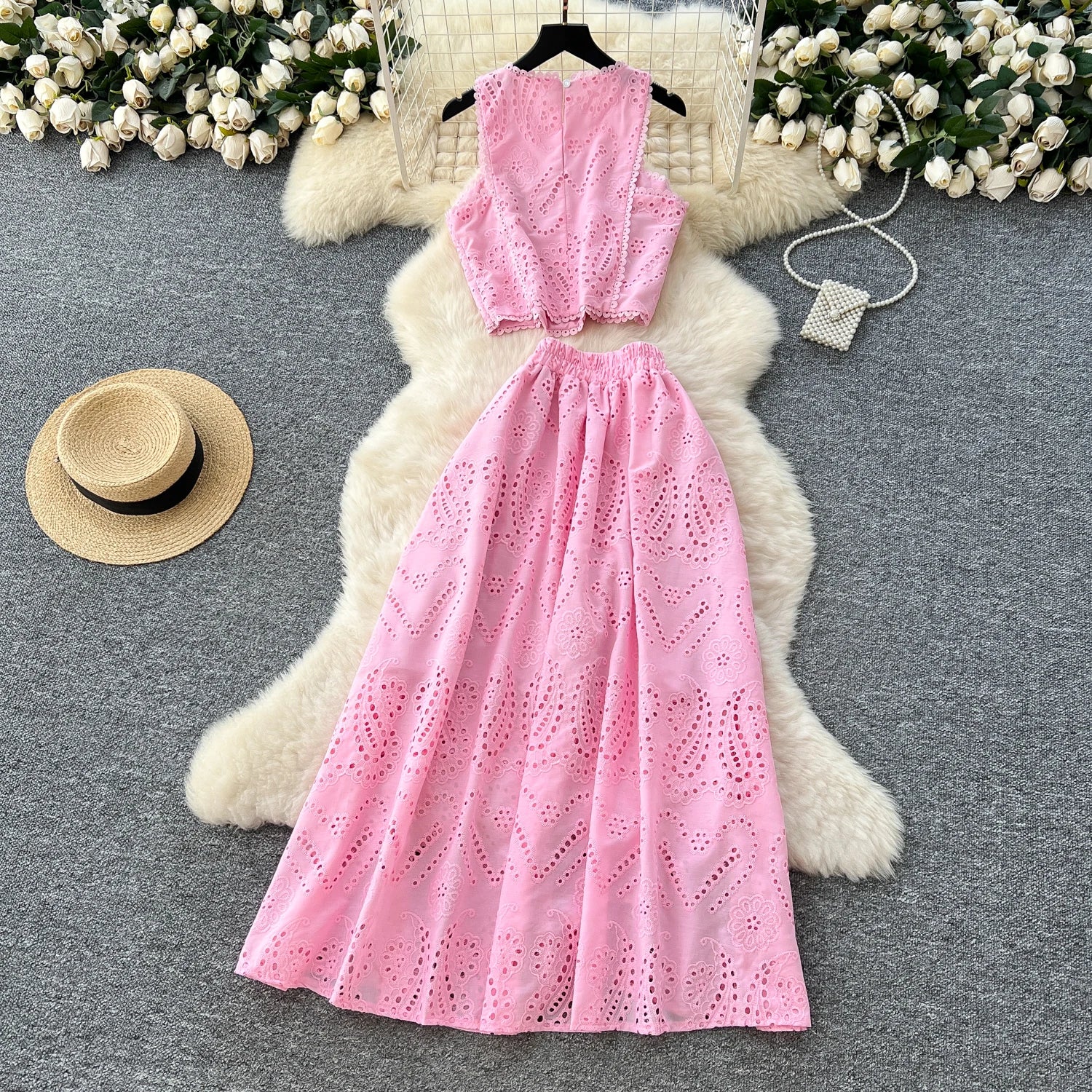 SINGREINY Women's Vintage Hook Flower Hollow Top and Long Skirt Set